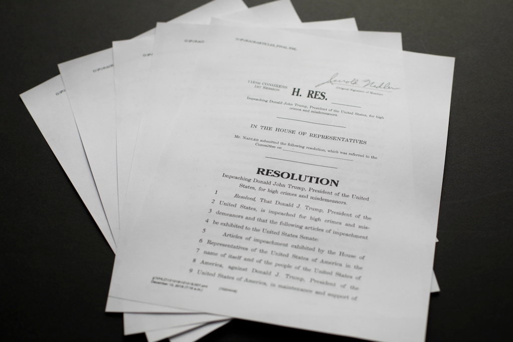 (Pablo Martinez Monsivais | AP) The articles of impeachment against President Donald Trump photographed on Dec. 10, 2019 in Washington.
