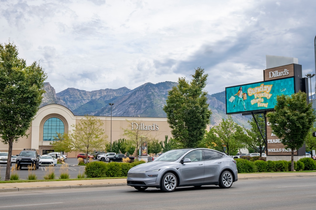 (Rick Egan | The Salt Lake Tribune) The University Place shopping center in Orem, on Friday, Aug. 28, 2026. The electronic billboard says "Sunday funday starts here," part of a promotion of the center's new Sunday hours.
