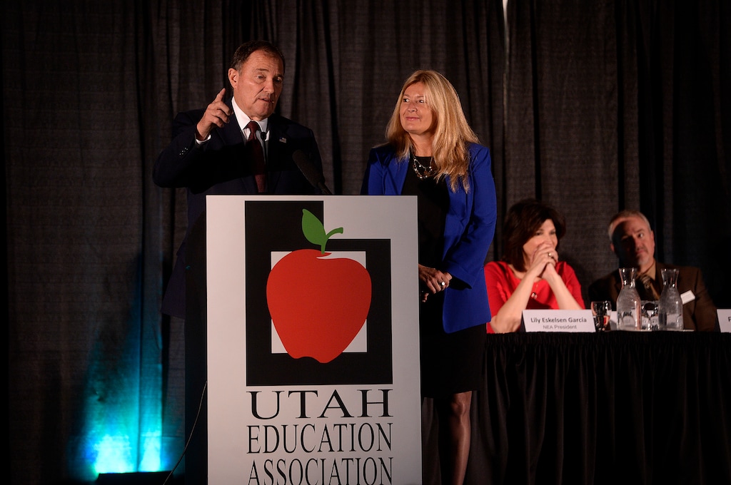 Scott Sommerdorf   |  Tribune  file photo 
UEA President Heidi Matthews waits as Utah Gov. Gary Herbert finishes his talk during the opening of the National Education Association Convention, Thursday, Oct. 20, 2016.