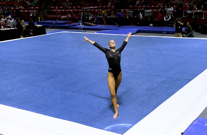 (Leah Hogsten  |  The Salt Lake Tribune)   MaKenna Merrell-Giles scored a 9.95 on her floor routine.  The fourth-ranked Utes compete against No. 9 California, No. 16 Auburn, No. 21 Brigham Young, Stanford and Southern Utah, during the the NCAA Regional Championships, Saturday, April 7, 2018 at the Huntsman Center. The top two teams advance to the NCAA Championships April 20-21 in St. Louis.Saturday, April 7, 2018, 