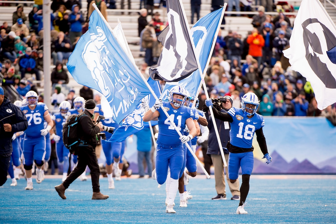 (Jeremy Harmon  |  The Salt Lake Tribune) BYU takes the field as they face the Western Michigan Broncos in the Famous Idaho Potato Bowl in Boise, Idaho, on Friday, Dec. 21, 2018.