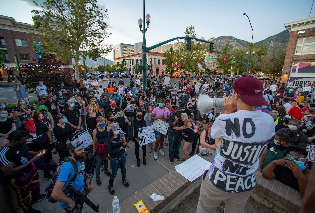 (Rick Egan  |  The Salt Lake Tribune)  Black Lives Matter protesters invited those from the other side to join them, as they gather for a demonstration on the corner of Center Street in Provo, Wednesday July 1, 2020.