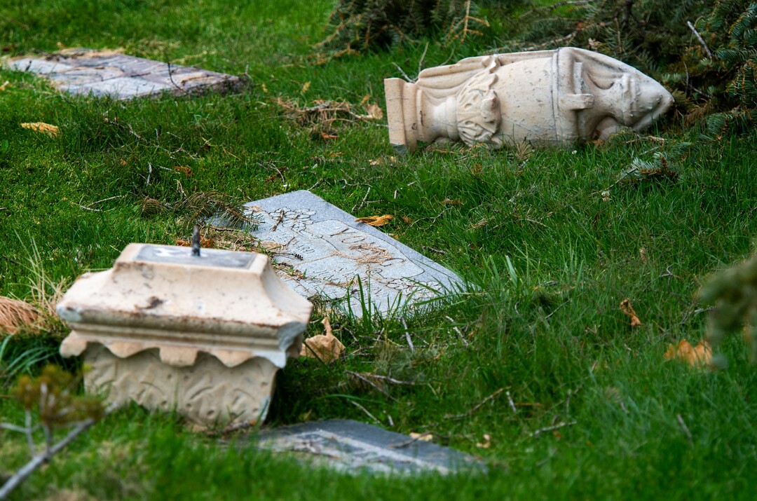 (Rick Egan  |  The Salt Lake Tribune)    Hundreds of headstones in the Salt Lake City Cemetery were damages in the recent wind storm, Friday, Sept. 18, 2020.