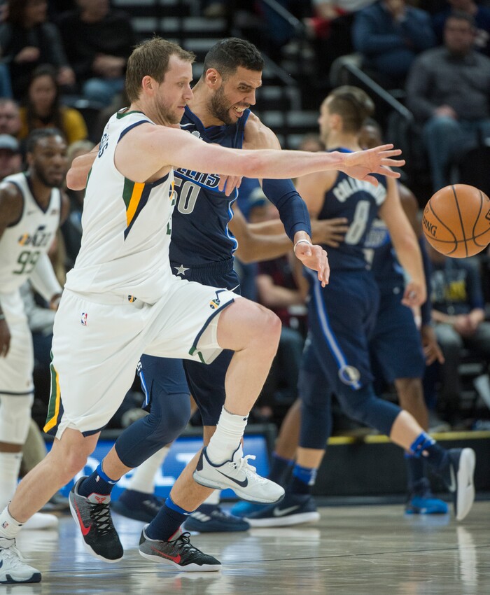 (Rick Egan  |  The Salt Lake Tribune)    Utah Jazz forward Joe Ingles (2) steals the ball from Dallas Mavericks center Salah Mejri (50), in NBA action between Utah Jazz and Dallas Mavericks in Salt Lake City, Saturday, Feb. 24, 2018.
