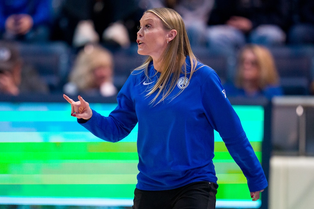 (Trent Nelson | The Salt Lake Tribune) Coach Amber Whiting as BYU hosts Iowa State, NCAA basketball in Provo on Saturday, Jan. 6, 2024.