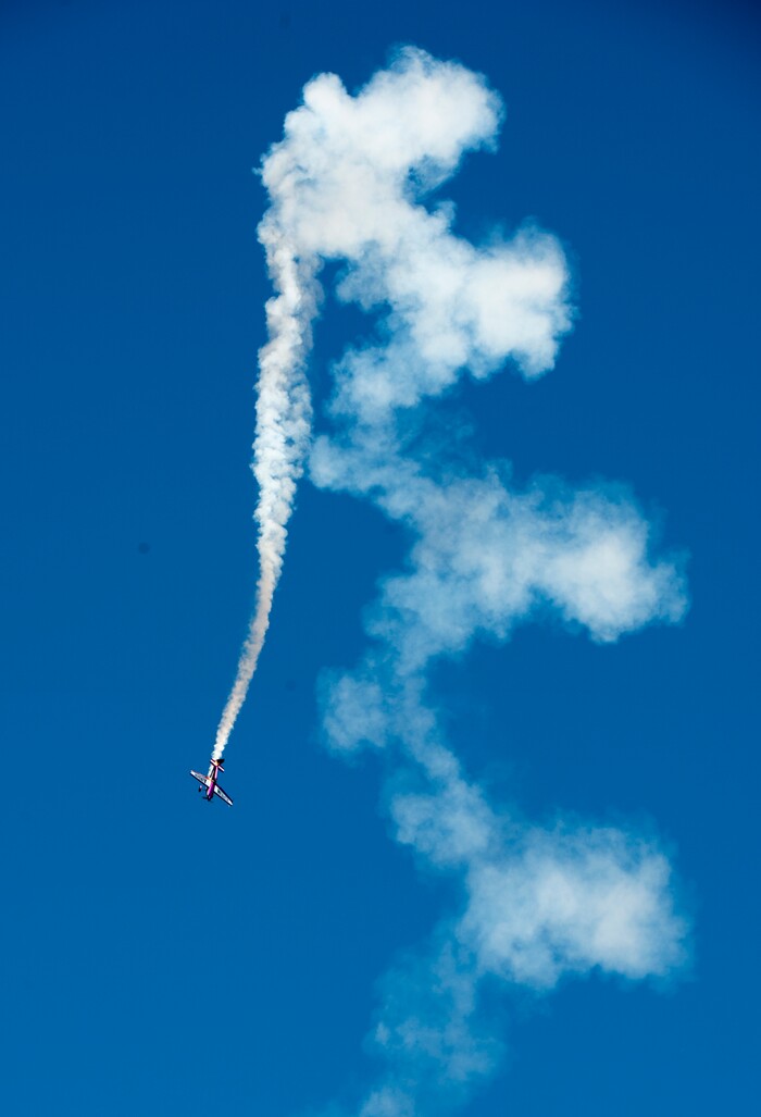 (Rick Egan  |  The Salt Lake Tribune)    Gary Rower performs in his 1941 Stearman, at the Warriors Over the Wasatch airshow at Hill Airforce Base, Sunday, June 24, 2018.