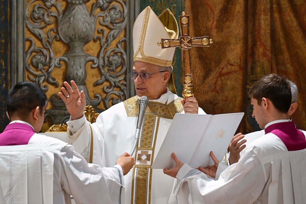 (Vatican Media via AP) Newly elected Pope Leo XIV celebrates Mass with the College of Cardinals inside the Sistine Chapel at the Vatican the day after his election as 267th pontiff of the Roman Catholic Church on Friday, May 9, 2025.