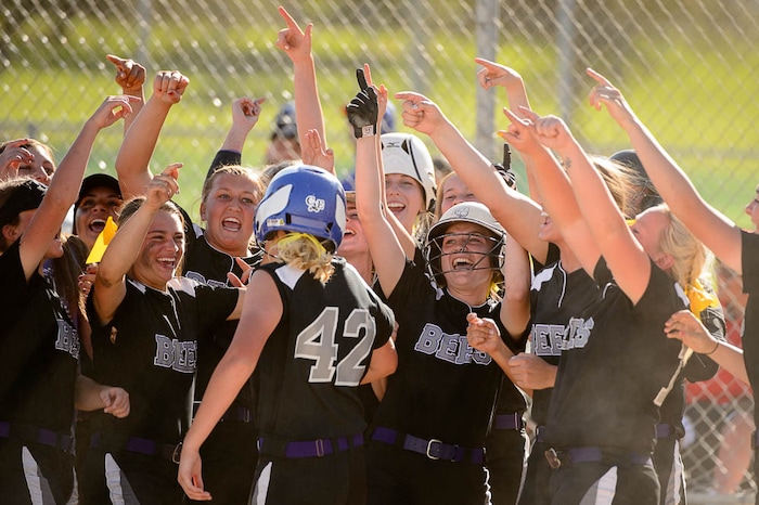 (Trent Nelson | The Salt Lake Tribune)  Bountiful faces Box Elder High School in the 5A Softball State Championship game, Thursday May 24, 2018. Box Elder players celebrate a home run by Box Elder's Nyah DeRyke (42).