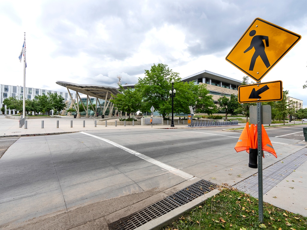 (Rick Egan | The Salt Lake Tribune) A raised crosswalk by the Public Safety Building, on Tuesday, Aug. 2, 2022. A new Salt Lake City program plans to revive traffic-calming work in the city, with a focus on walkability in local neighborhoods. Possible measures include raised crosswalks.