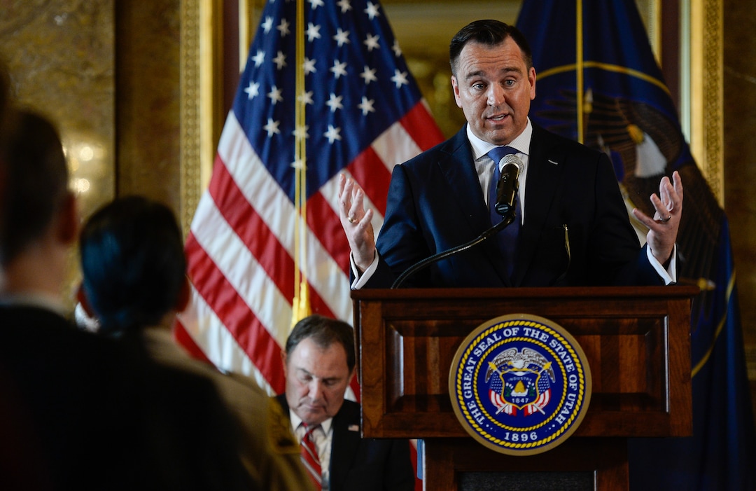 (Francisco Kjolseth  |  The Salt Lake Tribune)  House Speaker Greg Hughes discusses the progress made as supporters and opponents of UtahÕs medical marijuana initiative joined with Utah Gov. Gary Herbert and legislative leaders Thursday, Oct. 4, 2018, at the Utah Capitol to announce a Òshared visionÓ for cannabis policy.