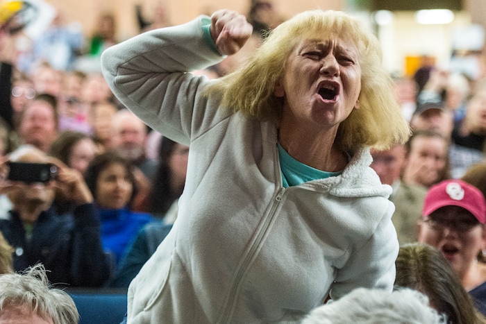 Chris Detrick  |  The Salt Lake Tribune
Tami Sablan yells during the town-hall meeting with U.S. Rep. Jason Chaffetz, R-Utah, in Brighton High School Thursday February 9, 2017. 