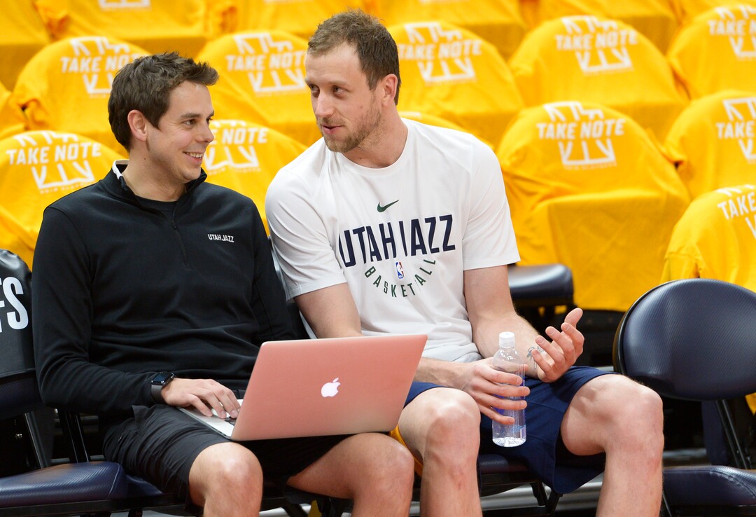 (Leah Hogsten  |  The Salt Lake Tribune) Utah Jazz forward Joe Ingles (2) talks with assistant coach Zach Guthrie as the Utah Jazz get ready to take on the Houston Rockets in Game 3 of an NBA basketball second-round playoff series Friday, May 4, 2018 in Salt Lake City.