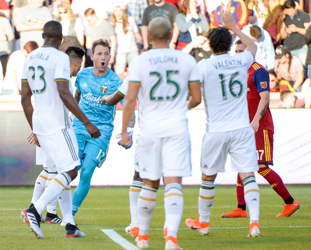 Leah Hogsten  |  The Salt Lake Tribune  Portland Timbers goalkeeper Steve Clark (12) celebrates after saving a penalty kick in the first half off Real Salt Lake midfielder Albert Rusnak (11). Real Salt Lake hosts the Portland Timbers, Saturday, May 4, 2019 at Rio Tinto Stadium in Salt Lake City.