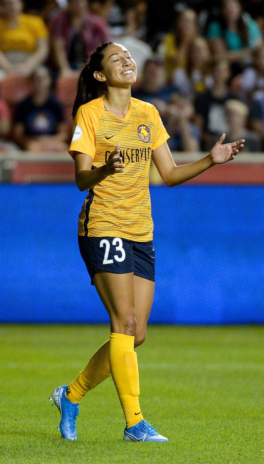(Leah Hogsten  |  The Salt Lake Tribune) Utah Royals FC forward Christen Press (23) reacts to a deflected shot as the Utah Royals FC host Sky Blue FC, August 7, 2019 at Rio Tinto Stadium.