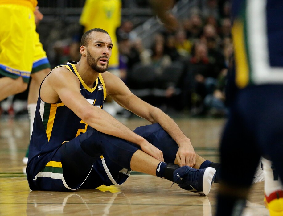 Utah Jazz's Rudy Gobert reacts during the second half of an NBA basketball game against the Milwaukee Bucks, Monday, Jan. 7, 2019, in Milwaukee. (AP Photo/Aaron Gash)