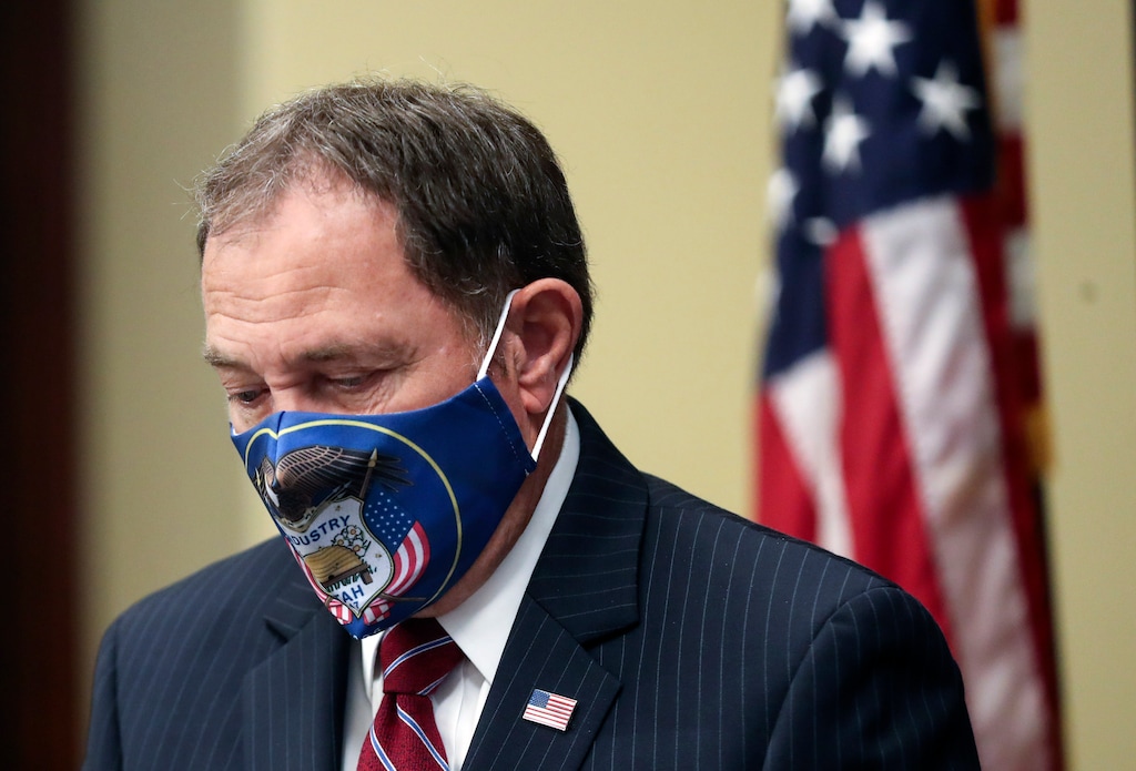 (Steve Griffin | Deseret News, pool) Gov. Gary Herbert wears his mask as he enters the daily COVID-19 briefing at the Capitol in Salt Lake City on Wednesday, June 17, 2020.