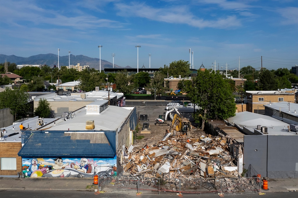 (Rick Egan | The Salt Lake Tribune) Demolition of Ralphael Plescia's Christian School 1324 South State Street, on Thursday, May 29, 2025.