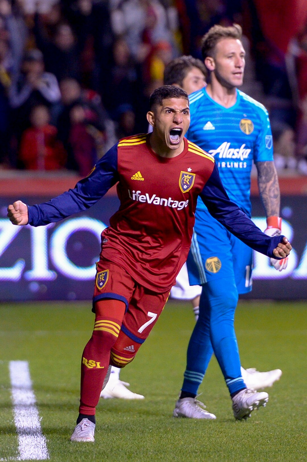 Leah Hogsten  |  The Salt Lake Tribune  Real Salt Lake forward Jefferson Savarino (7) reacts to his second half goal. Portland Timbers defeated Real Salt Lake 4-1 at Rio Tinto Stadium in Sandy, Saturday, Oct. 6, 2018.