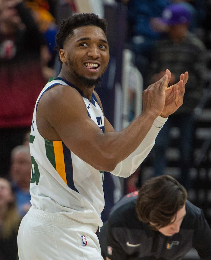 (Rick Egan  |  The Salt Lake Tribune) Utah Jazz guard Donovan Mitchell (45) celebrates as the Jazz extend their lead to 15 points in the 4th quarter, in NBA action between the Utah Jazz and the Washington Wizards, in Salt Lake City, Friday, February 28, 2020