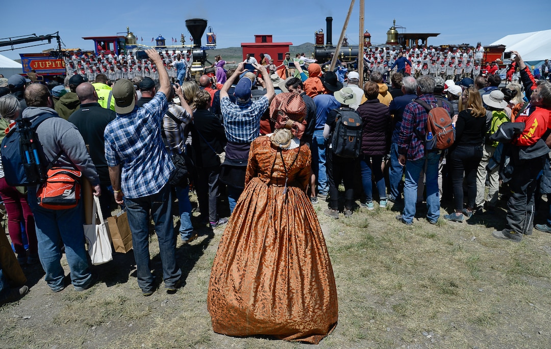 (Francisco Kjolseth  |  The Salt Lake Tribune)  Marti Ann Draper of L.A. dresses the part on Friday May 10, 2019, in celebration of the 150th anniversary of the completion of the transcontinental railroad at Promontory Summit where the two rails met back on May 10, 1869.