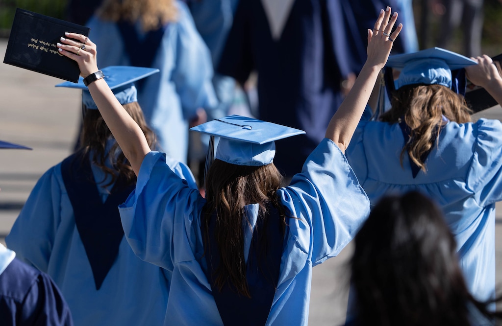 (Francisco Kjolseth | The Salt Lake Tribune) Westlake High School graduates celebrate following commencement ceremonies at Rio Tinto Stadium in Sandy on Thursday, May 27, 2021. 