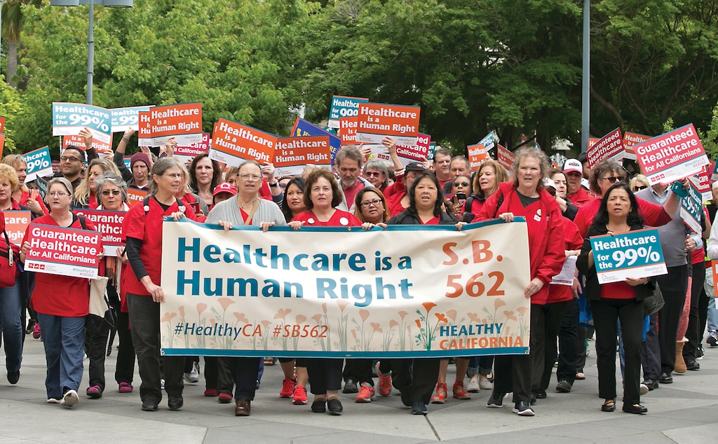 Supporters of single-payer health care march to the Capitol Wednesday, April 26, 2017, in Sacramento, Calif. (AP Photo/Rich Pedroncelli)