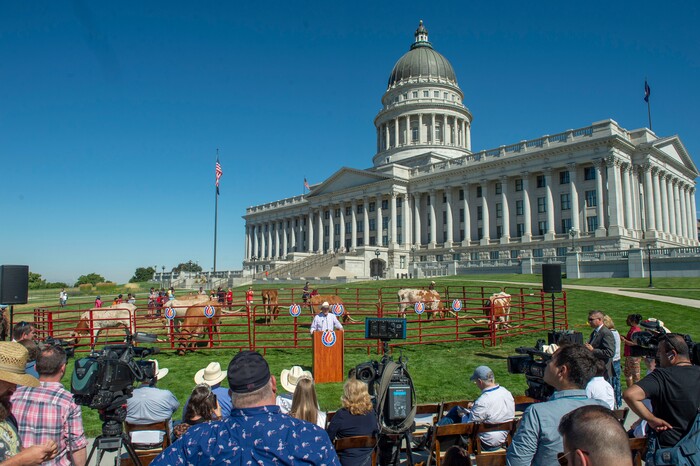 (Rick Egan  |  The Salt Lake Tribune)       Gov. Herbert speaks at a news conference about the Days of 47 festivities, on the State Capitol lawn with longhorn cattle in the background, Tuesday, July 16, 2019.