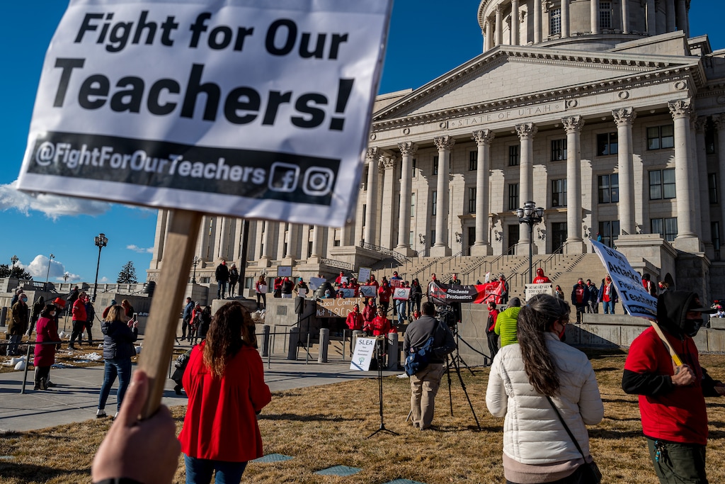 (Trent Nelson | The Salt Lake Tribune) Salt Lake City School District teachers and students rally at the state Capitol in Salt Lake City on Wednesday, Feb. 24, 2021.