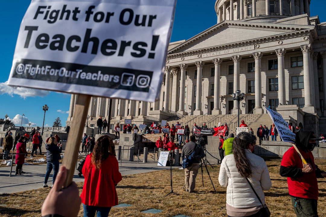 (Trent Nelson | The Salt Lake Tribune) Salt Lake City School District teachers and students rally at the state Capitol in Salt Lake City on Wednesday, Feb. 24, 2021.