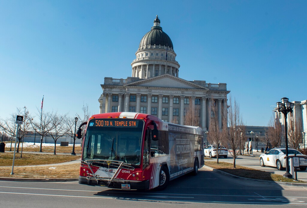 (Rick Egan | Tribune file photo) Lawmakers and state officials debated Wednesday whether UTA's $2.1 billion debt now is a state problem. Most said it is not. This Jan. 30, 2019, file photo shows the Capitol Connector, route 500, as it picks up passengers at the Utah state Capitol.