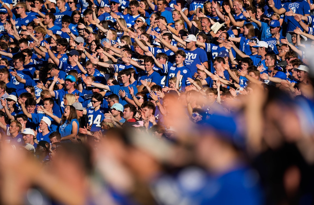 (Francisco Kjolseth | The Salt Lake Tribune) The BYU student section chants “first down” during the first half of an NCAA college football game against Utah Tech, Saturday, Sept. 5, 2026, at LaVell Edwards Stadium in Provo.
