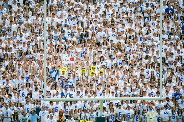 (Chris Detrick  |  The Salt Lake Tribune)   Brigham Young Cougars fans watch during the game at LaVell Edwards Stadium Saturday Saturday, September 16, 2017. Wisconsin Badgers defeated Brigham Young Cougars 40-6.