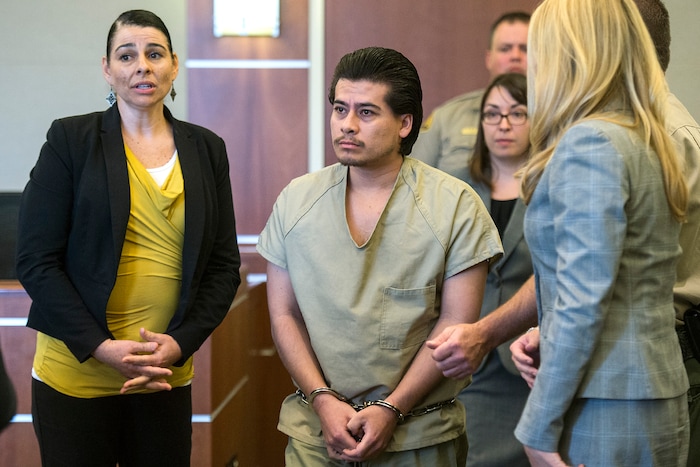 (Chris Detrick  |  The Salt Lake Tribune)   Mario Cervantes-Angel during his sentencing at the West Jordan Courthouse Tuesday, September 19, 2017. Mario Cervantes-Angel, 29, pleaded guilty Tuesday to two counts of first-degree felony aggravated murder for the July 6, 2016 shooting deaths of 15-year-old Abril Izazaga and her brother, 16-year-old Jose Izazaga, outside of a Salt Lake County apartment complex.
