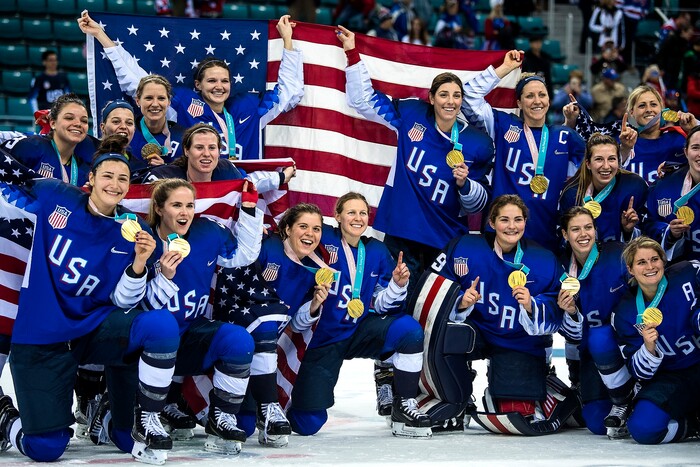 (Chris Detrick  |  The Salt Lake Tribune) Members of team USA celebrate after winning the Women's Gold Medal Game at Gangneung Hockey Centre during the Pyeongchang 2018 Winter Olympics Thursday, Feb. 22, 2018. United States defeated Canada 3-2 in a shootout victory. 