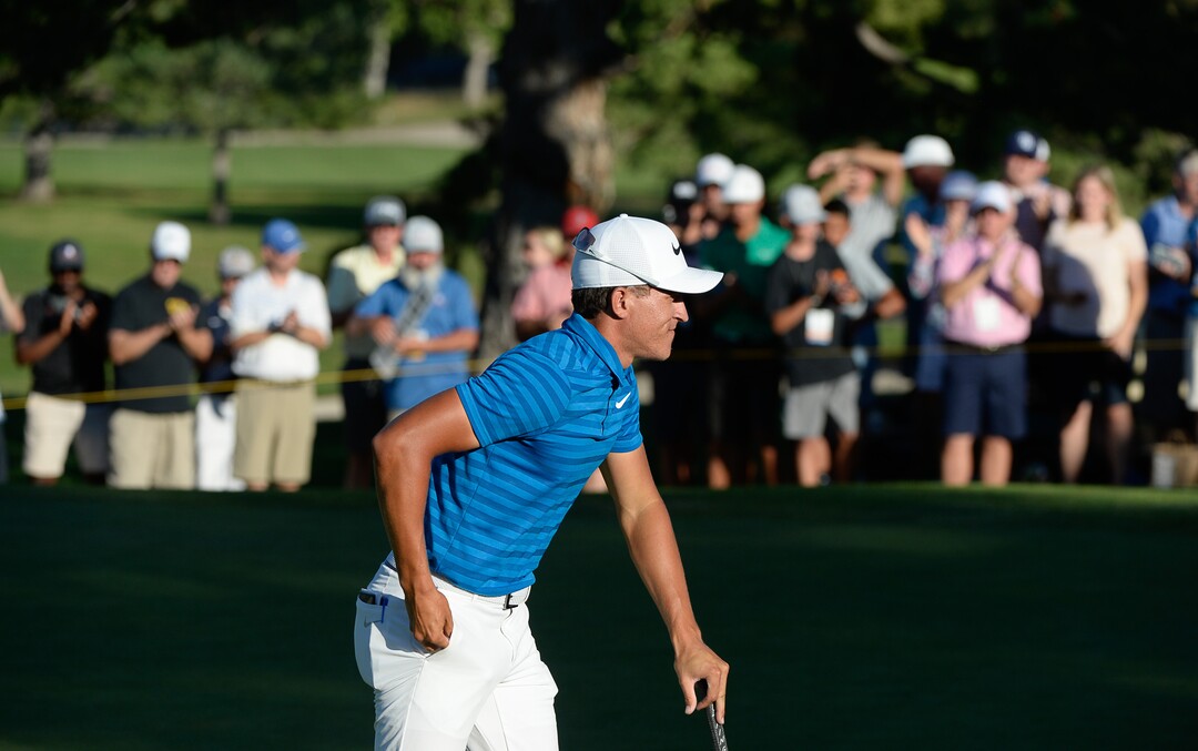 (Francisco Kjolseth  |  The Salt Lake Tribune)  Cameron Champ from Sacramento, CA, pockets his final ball on the final hole of the Utah Championship golf event on the Web.com Tour at Oakridge Country Club in Farmington on Sunday, July 15, 2018, after winning the championship. 