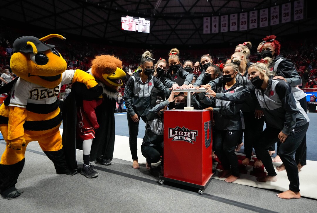 (Francisco Kjolseth | The Salt Lake Tribune) Utah lights up the U after beating Stanford 197.675 to 196.000 during their gymnastics meet at the Huntsman Center in Salt Lake City, Saturday, Jan. 29, 2022.