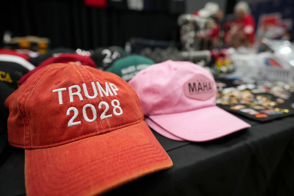 (Bethany Baker  |  The Salt Lake Tribune) A hat that reads "Trump 2028" sits on a table during the State Organizing Convention for the Utah Republican Party at Utah Valley University in Orem on Saturday, May 17, 2025. 