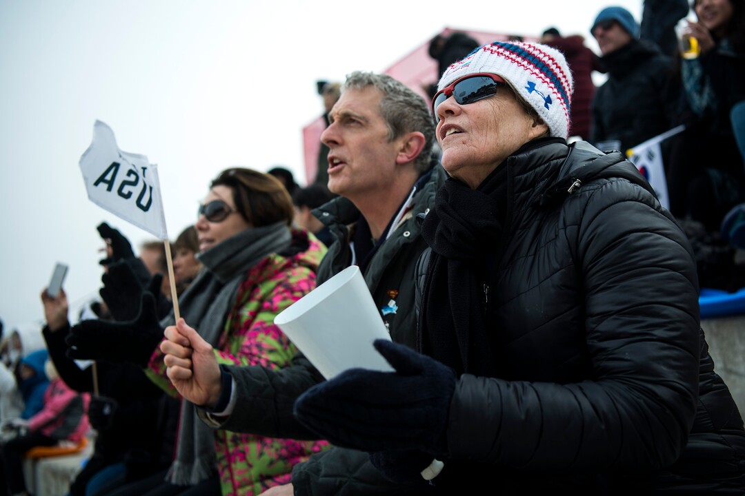 (Chris Detrick  |  The Salt Lake Tribune)  Jean Schaefer and Brian Boxer Wachler cheer on Team USA bobsledders at Olympic Sliding Centre during the Pyeongchang 2018 Winter Olympics Saturday, Feb. 24, 2018. 