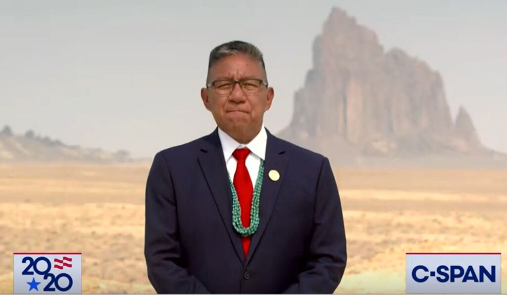 (Photo courtesy C-SPAN) Navajo Nation President Myron Lizer, speaking with Shiprock as a backdrop, addressed the Republican National Convention in a taped message that praised President Donald Trump Tuesday - just one week after Navajo Nation President Jonathan Nez addressed the Democratic National Convention.
