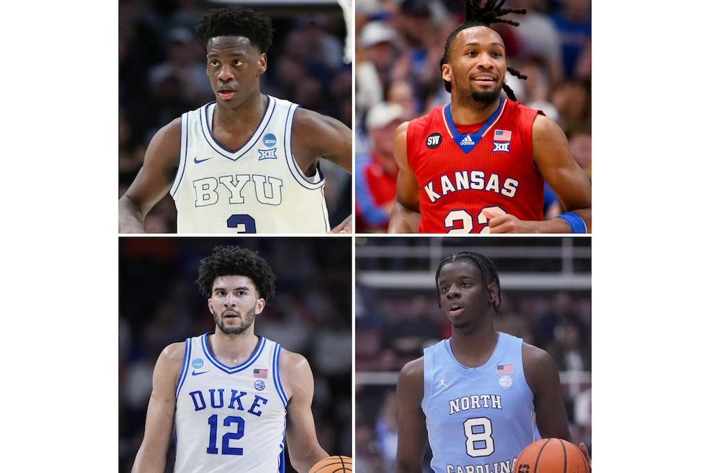 (Amanda Loman, Reed Hoffmann, Brynn Anderson, Jeff Chiu | AP) This photo combination shows, from top left, BYU forward AJ Dybantsa, Kansas guard Darryn Peterson, Duke forward Cameron Boozer, and North Carolina forward Caleb Wilson.