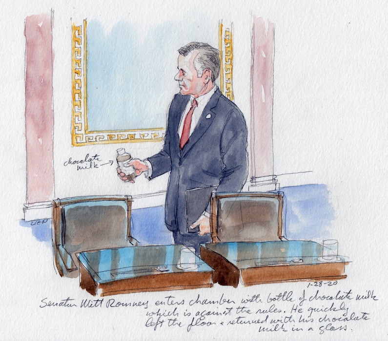 (Art Lien | The New York Times) Sen. Mitt Romney, R-Utah, momentarily breaks Senate rules by entering the chamber with a bottle of chocolate milk during the impeachment trial of President Donald Trump in Washington on Tuesday, Jan. 28, 2020. Romney promptly exited and returned with the milk in a glass.