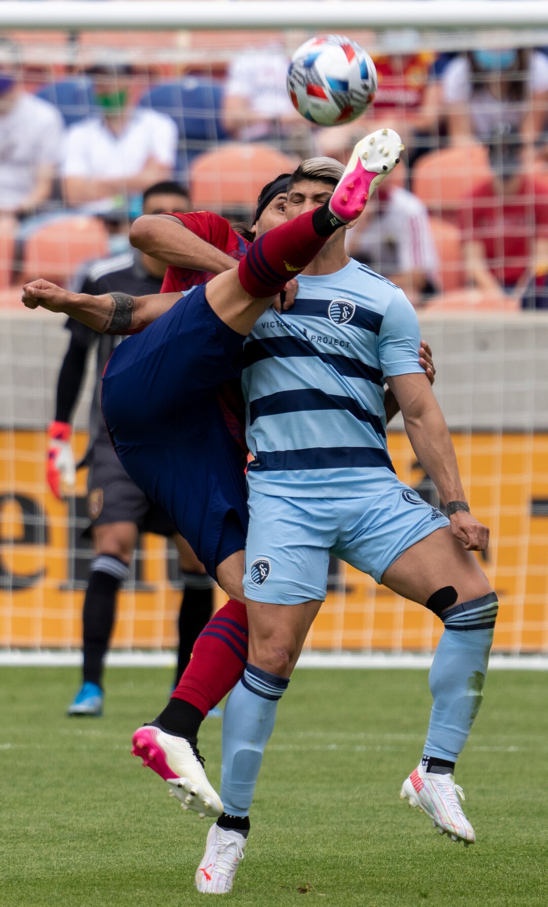 (Rick Egan | The Salt Lake Tribune) Real Salt Lake defender Marcelo Silva (30) get his foot on the ball, as Sporting Kansas City forward Alan Pulido (9) defends, in MLS action between Real Salt Lake and Sporting Kansas City at Rio Tinto Stadium, on Saturday, May 1, 2021.