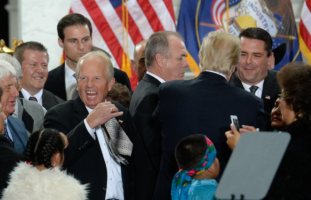 (Francisco Kjolseth | The Salt Lake Tribune) Rep. Mike Noel, R-Kanab delights in having his tie signed by U.S. President Donald Trump at the Utah Capitol on Monday, Dec. 4, 2017, following Trump's signing of two presidential proclamations to shrink Bears Ears and Grand Staircase-Escalante national monuments.