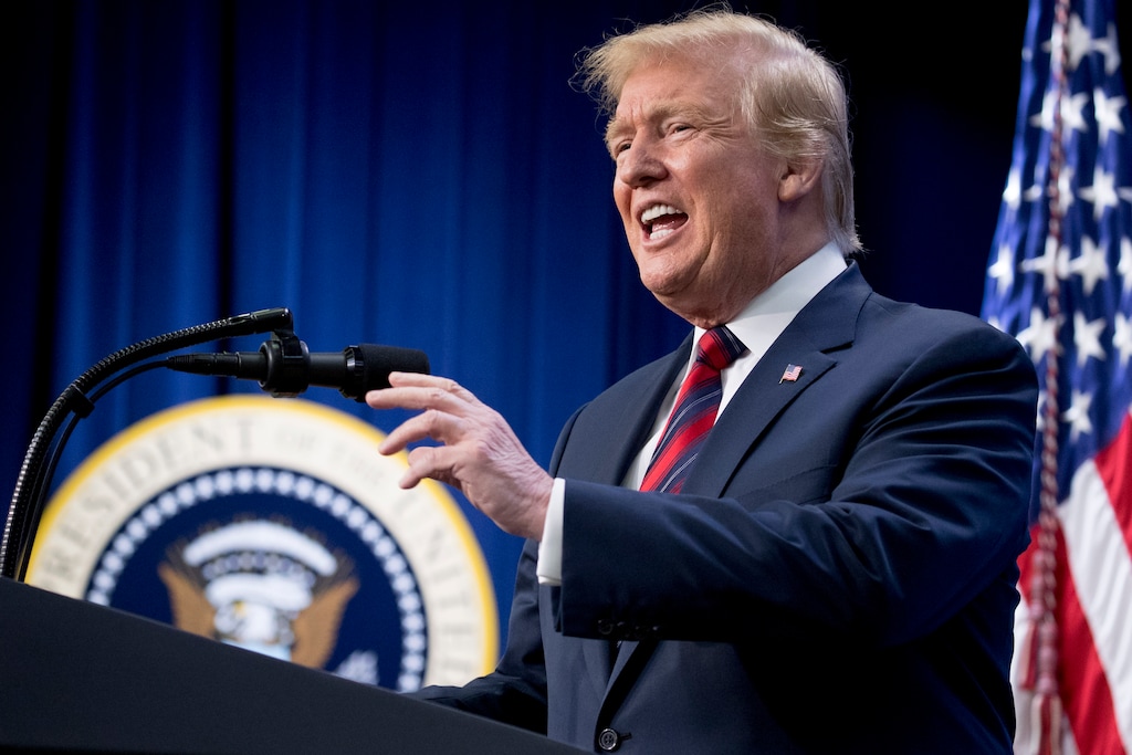President Donald Trump speaks at an Opportunity Zone conference with state, local, tribal, and community leaders South Court Auditorium of the Eisenhower Executive Office Building, on the White House complex, Wednesday, April 17, 2019, in Washington. (AP Photo/Andrew Harnik)