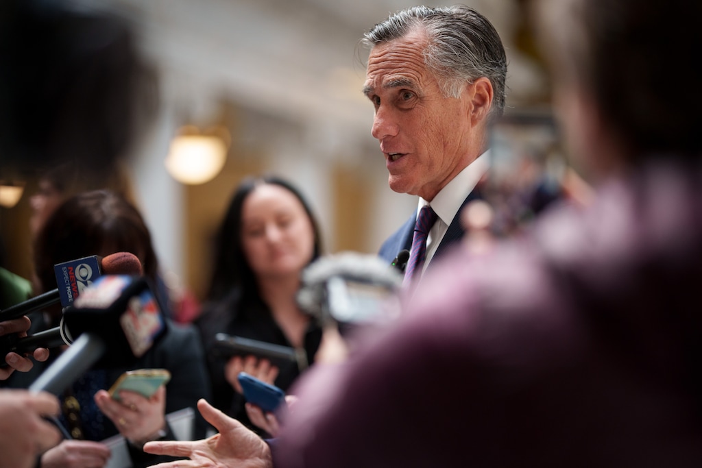(Trent Nelson | The Salt Lake Tribune) U.S. Sen. Mitt Romney speaks to the media at the Capitol in Salt Lake City on Thursday, Feb. 15, 2024. Romney has said he thinks President Joe Biden should have pardoned Donald Trump.