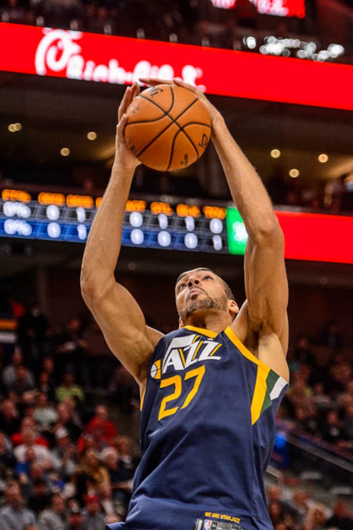 (Trent Nelson | The Salt Lake Tribune)  Utah Jazz center Rudy Gobert (27) pulls in a rebound as the Utah Jazz host the Portland Trail Blazers, NBA basketball in Salt Lake City, Wednesday November 1, 2017.