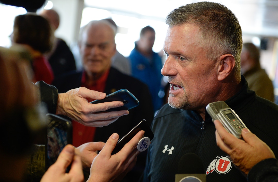 (Francisco Kjolseth  |  The Salt Lake Tribune)  University of Utah football coach Kyle Whittingham speaks with the media following the retirement announcement by Athletics Director Chris Hill during a press event at the Jon M. Huntsman Center on campus on Monday, March 26, 2018.