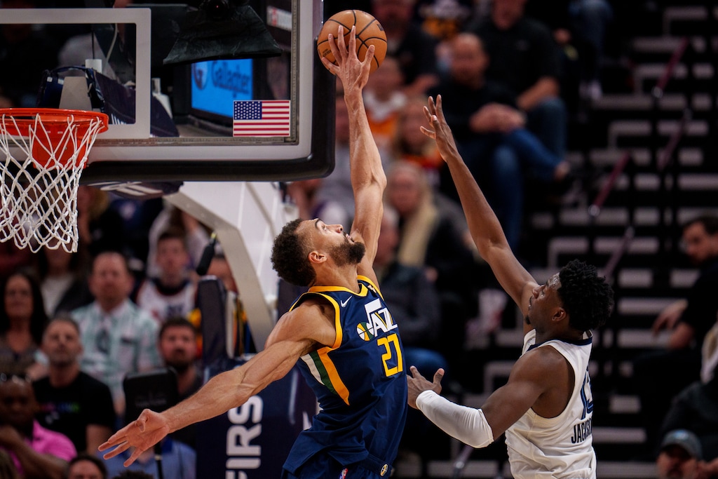 (Trent Nelson  |  The Salt Lake Tribune) Utah Jazz center Rudy Gobert (27) blocks a shot by Memphis Grizzlies forward Jaren Jackson Jr. (13) as the Utah Jazz host the Memphis Grizzlies, NBA basketball in Salt Lake City on Tuesday, April 5, 2022.