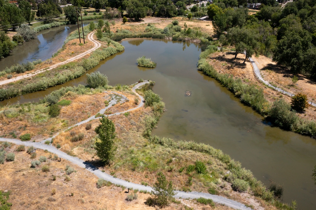 (Bethany Baker | The Salt Lake Tribune) A viewing area lined by gabions, center, is seen at Fred & Ila Rose Fife Wetland Preserve in Salt Lake City on Tuesday, July 8, 2025.
