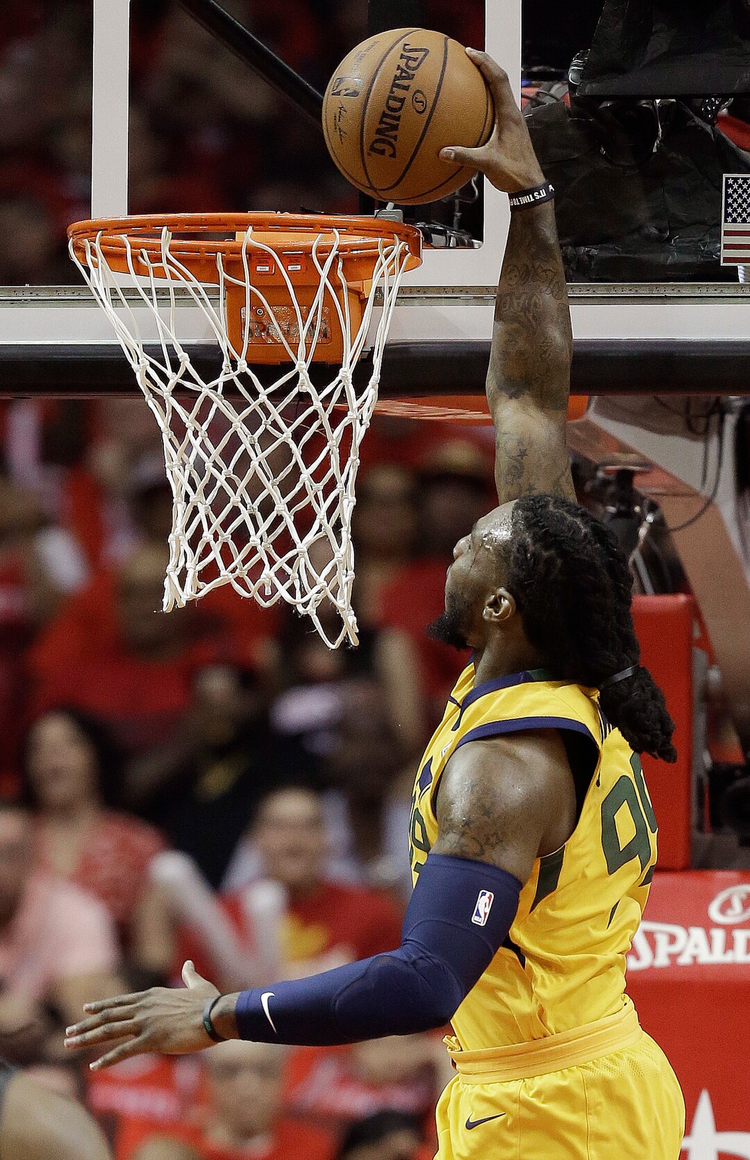 Utah Jazz forward Jae Crowder dunks during the first half in Game 1 of an NBA basketball second-round playoff series against the Houston Rockets, Sunday, April 29, 2018, in Houston. (AP Photo/Eric Christian Smith)